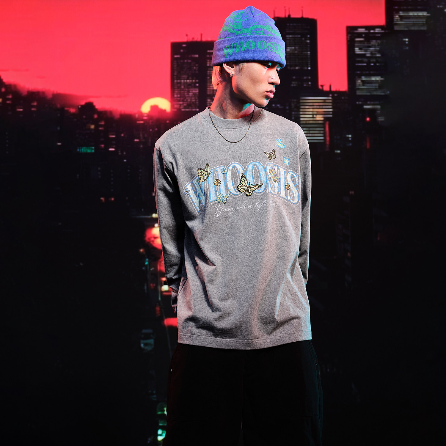 WHOOSIS（不知其名）蝴蝶刺绣长袖T恤重磅休闲男女秋季简约情侣潮,男装,T恤,淘宝优惠券,粉丝福利购,淘宝优惠卷