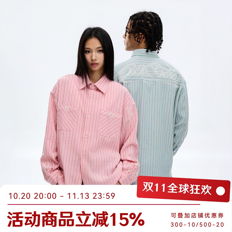 WHOOSIS（不知其名）条纹泡泡纱锁链绣长袖衬衫秋冬情侣宽松男女