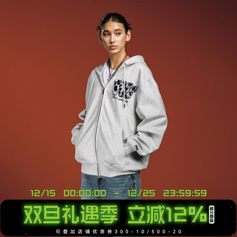 WHOOSIS（不知其名）基础毛绒贴布拉链帽衫连帽卫衣秋校园百搭男