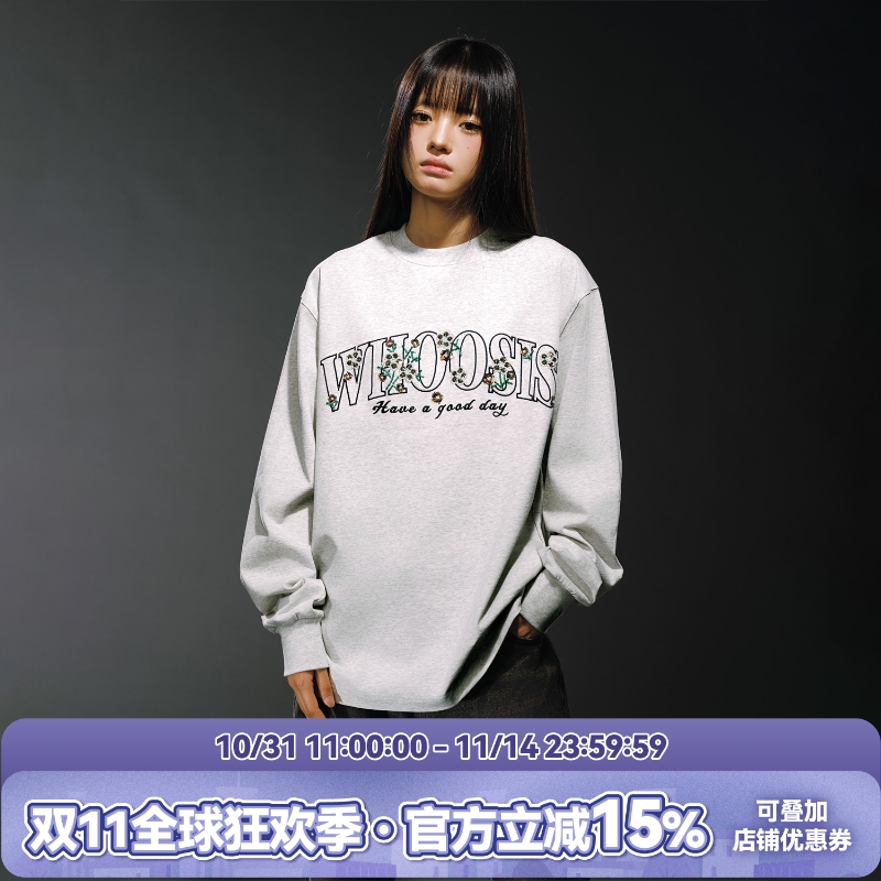 WHOOSIS花卉串珠长袖T恤