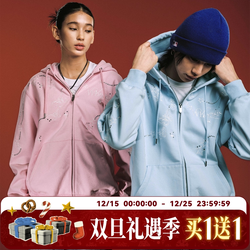 WHOOSIS（不知其名）浪漫字体刺绣烫钻拉链帽衫卫衣秋季校园男女