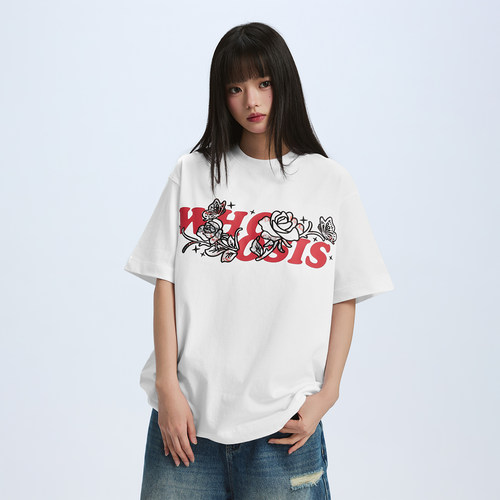 WHOOSIS（不知其名）灼烧花卉logo刺绣短袖T恤春夏情侣美式男女潮