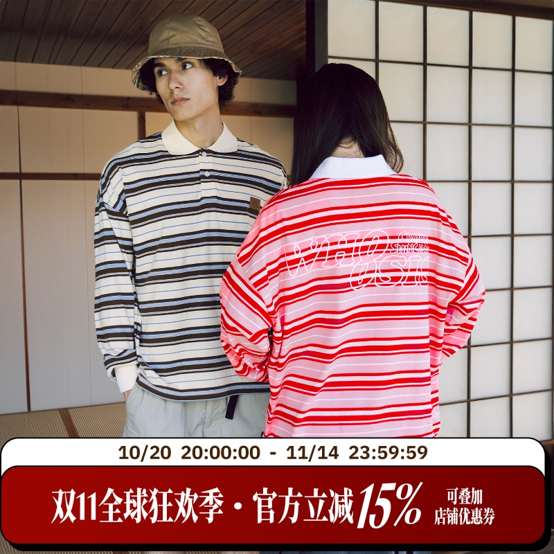 【蜡笔小新联名】WHOOSIS 条纹polo长袖宽松简约百搭新款卡通男女