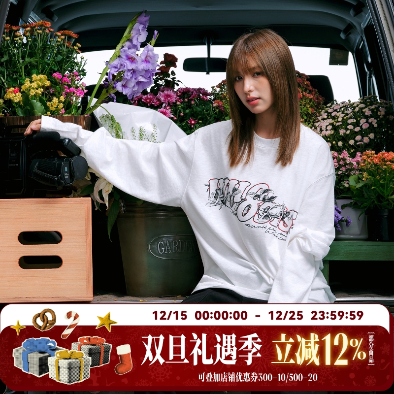 WHOOSIS（不知其名）素描玫瑰竹节棉长袖T恤秋季打底圆领休闲男女