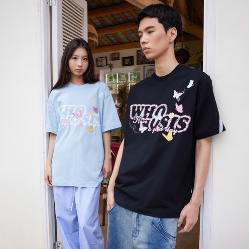 【沈月同款】WHOOSIS（不知其名）清新蝴蝶短袖t恤潮牌情侣男女夏