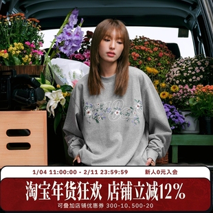 WHOOSIS（不知其名）花卉刺绣长袖T恤圆领秋季ins百搭简约男女潮