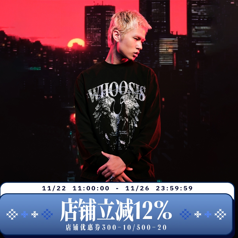 WHOOSIS（不知其名）荆棘天使水洗长袖T恤秋季美式街头休闲男女潮