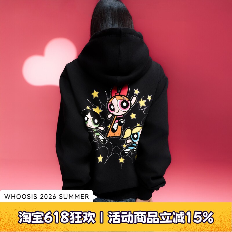 【飞天小女警联名】WHOOSIS 人物烫钻连帽卫衣帽衫外套秋季男女潮