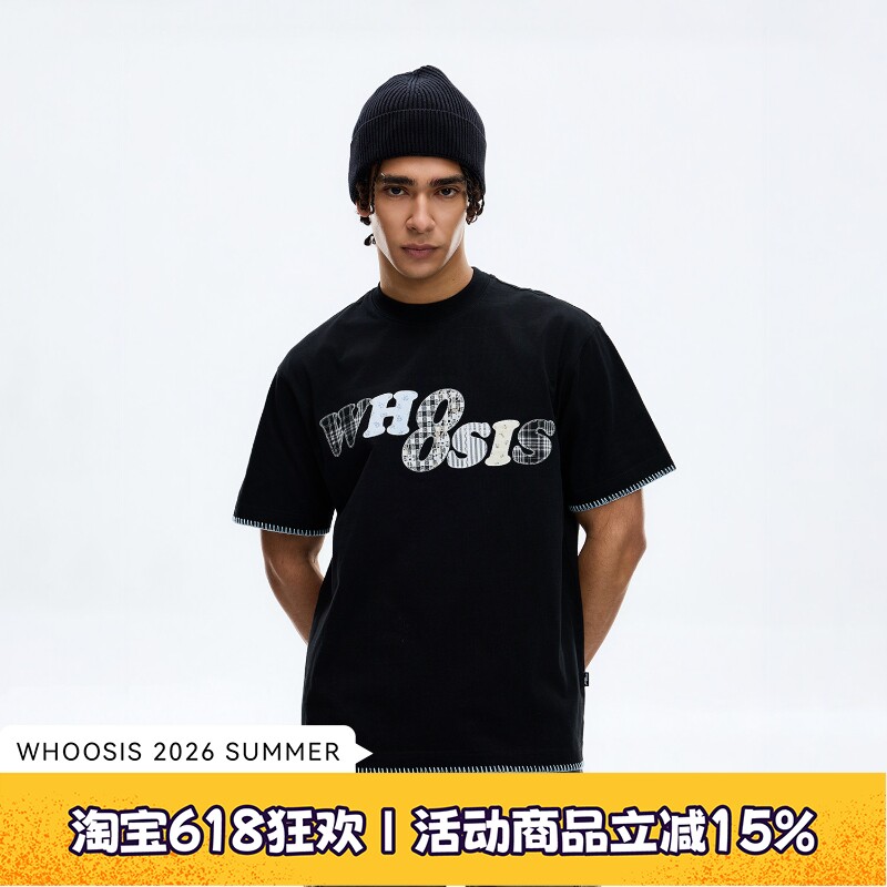 WHOOSIS（不知其名）蕾丝碎花格子贴布短袖T恤夏季宽松校园男女潮