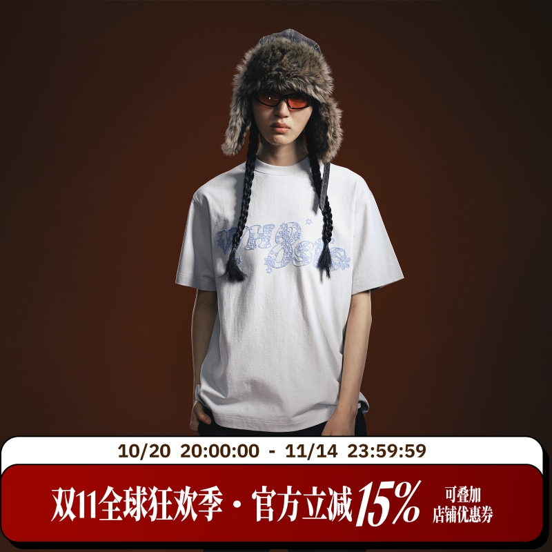 WHOOSIS（不知其名）立体绳绣T恤短袖上衣夏季美式潮男女情侣百搭