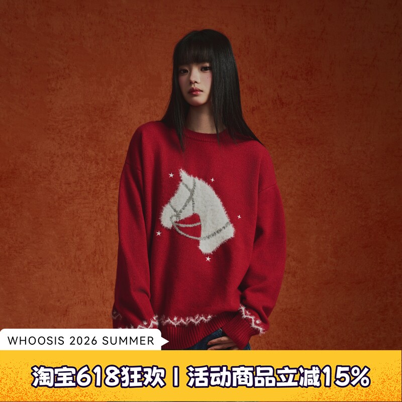 WHOOSIS（不知其名）新年马年限定提花套头红色毛衣秋冬情侣男女
