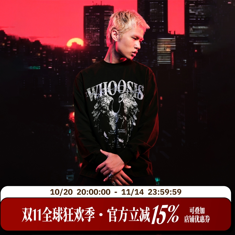WHOOSIS（不知其名）荆棘天使水洗长袖T恤秋季美式街头休闲男女潮