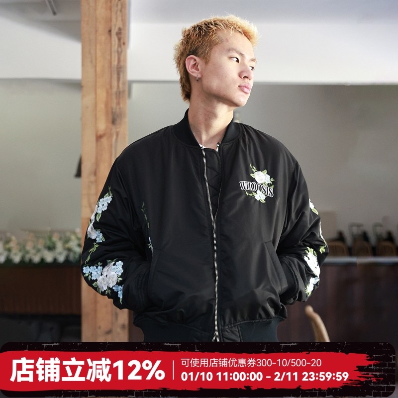 WHOOSIS（不知其名）花卉刺绣夹棉MA1飞行员夹克外套秋冬男女情侣