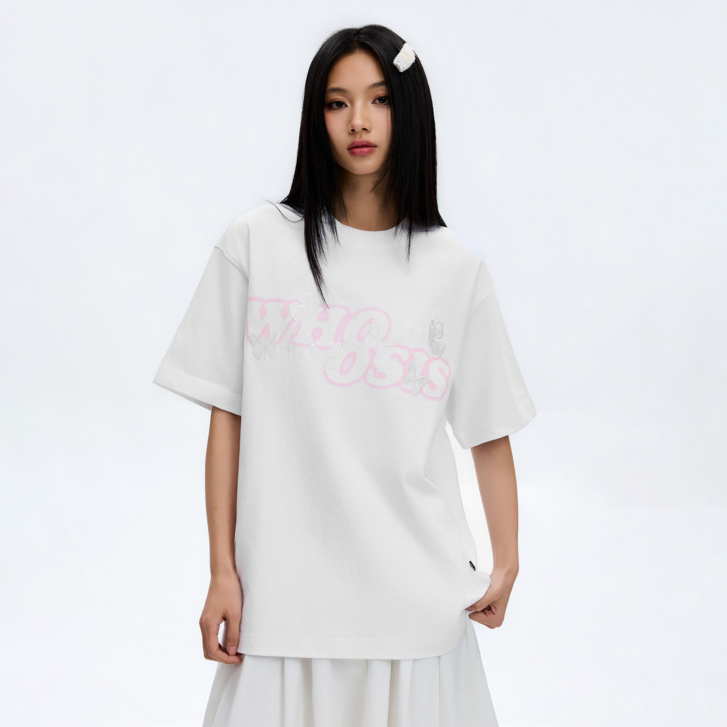 WHOOSIS（不知其名）幻影logo蝴蝶刺绣短袖T恤夏季清新校园男女潮图片