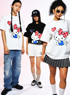 【HELLO KITTY官方联名】WHOOSIS 图案短袖T恤夏季可爱潮男女校园