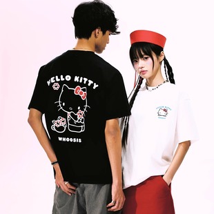 花束短袖 WHOOSIS KITTY官方联名 T恤男女情侣潮校园宽松 HELLO
