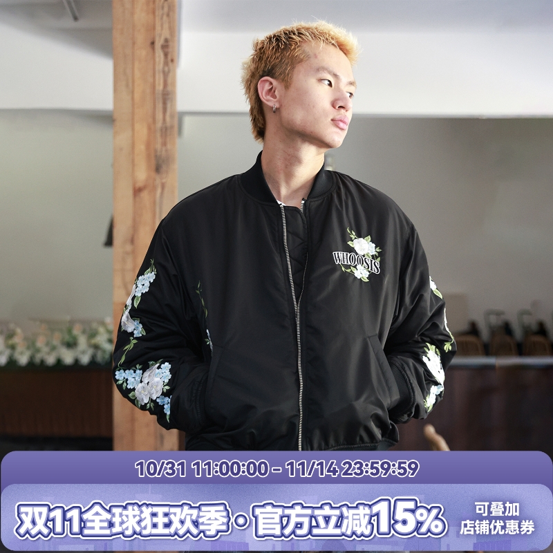 WHOOSIS(不知其名)花卉刺绣夹棉MA1飞行员夹克外套秋冬男女情侣