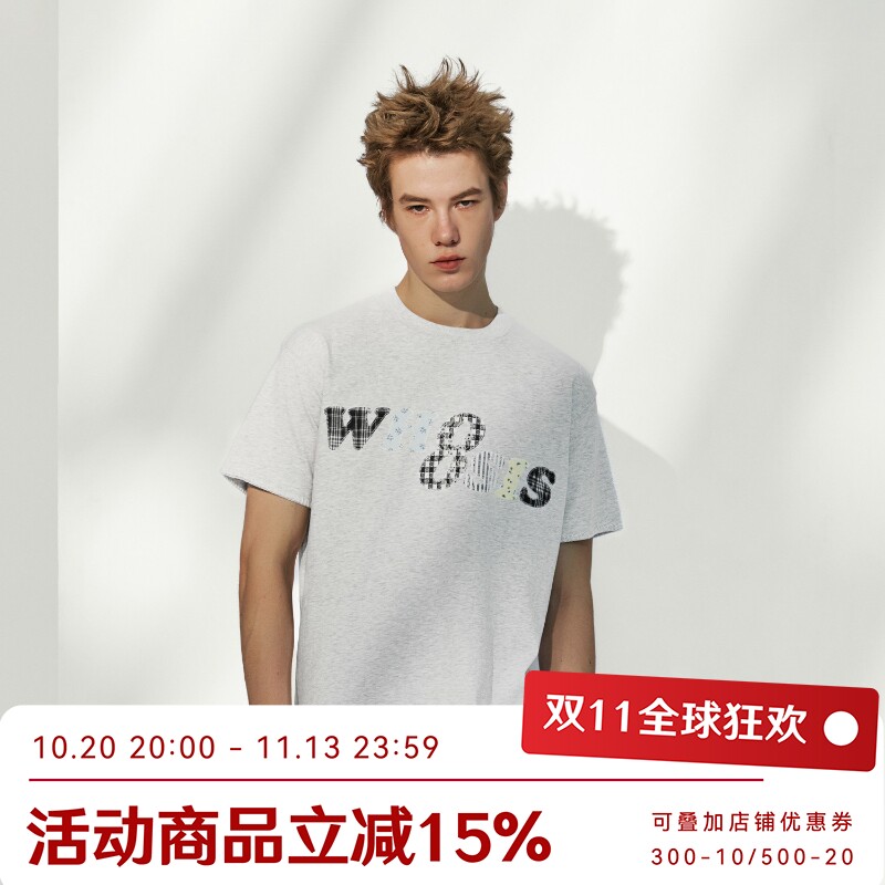 WHOOSIS（不知其名）蕾丝碎花格子贴布短袖T恤夏季宽松校园男女潮
