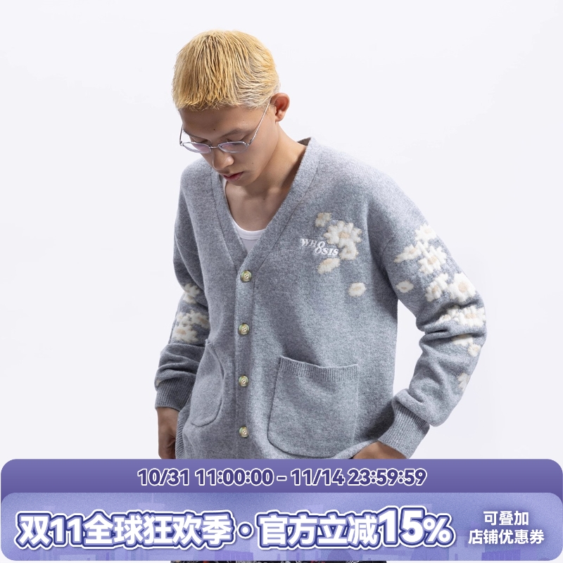 WHOOSIS（不知其名）散落雏菊提花毛衣开衫外套秋冬慵懒男女休闲