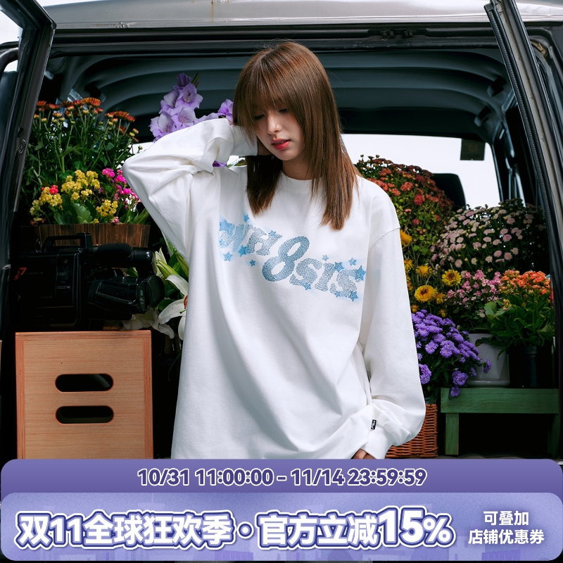 WHOOSIS（不知其名）闪光烫钻长袖T恤秋季简约百搭打底男女校园潮