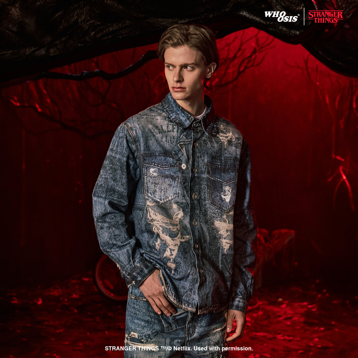 【怪奇物语官方联名】WHOOSIS 报纸破坏打印长袖衬外套美式男女潮