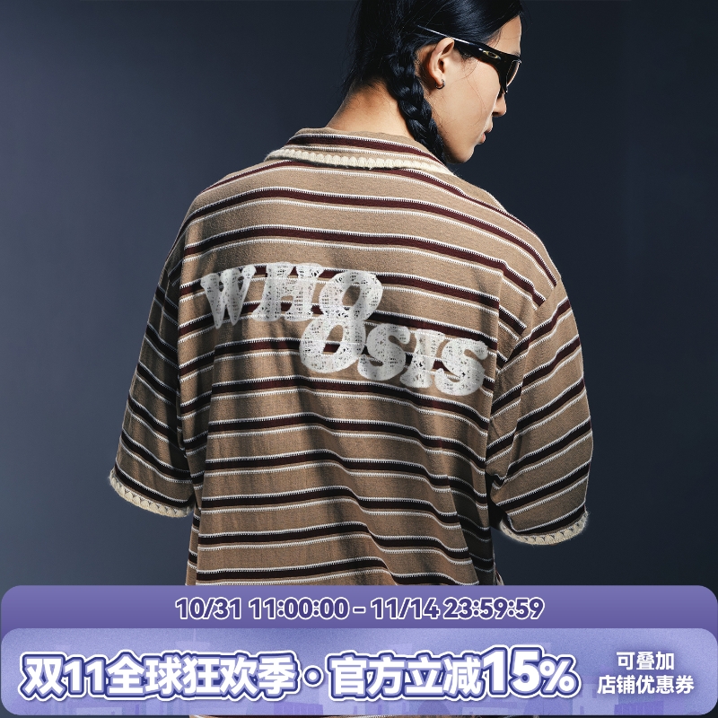 WHOOSIS（不知其名）条纹刺绣针织衬衫百搭潮流短袖夏男女宽松潮