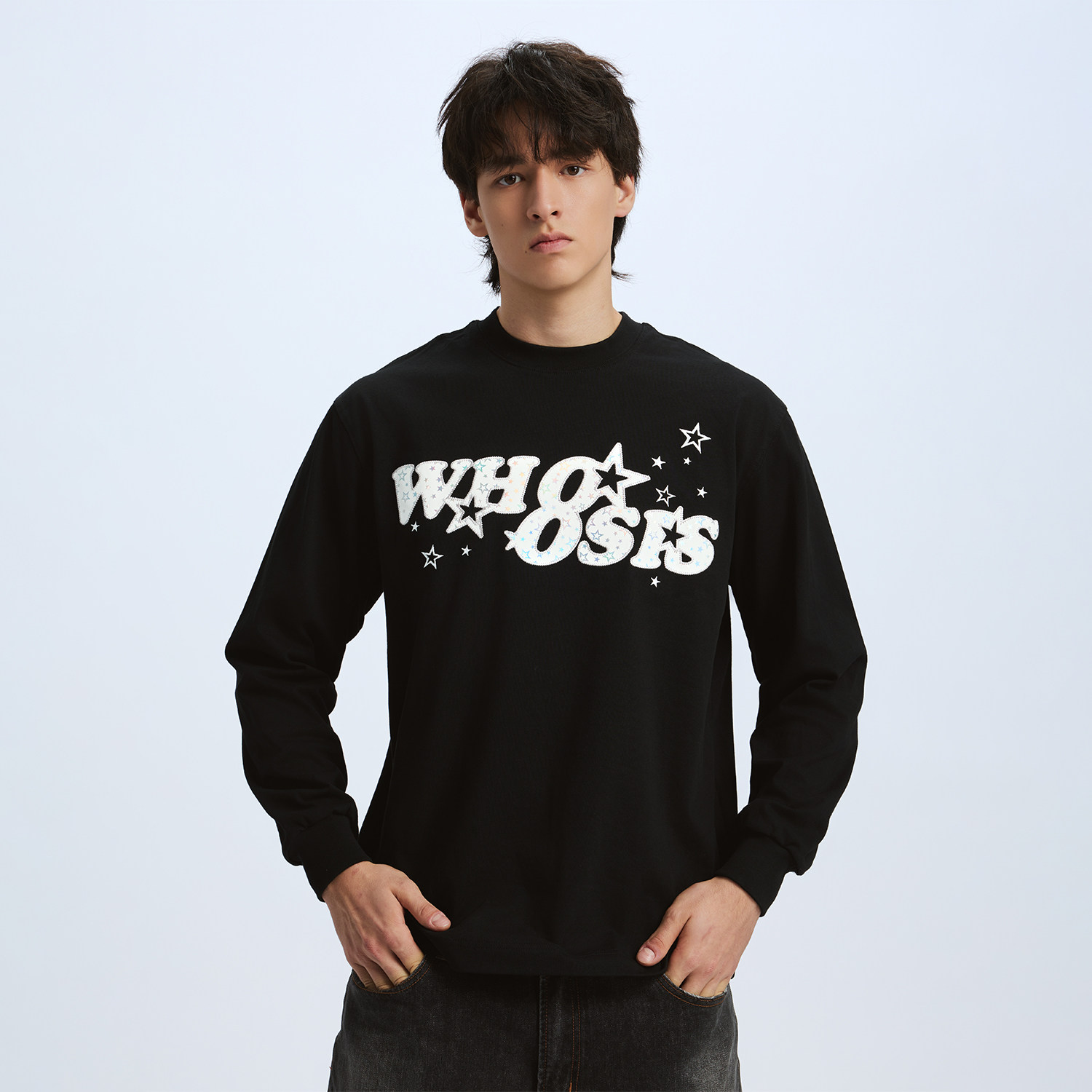 WHOOSIS（不知其名）镭射星星满天星贴布长袖T恤秋冬休闲宽松男女