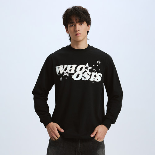WHOOSIS（不知其名）镭射星星满天星贴布长袖T恤秋冬休闲宽松男女