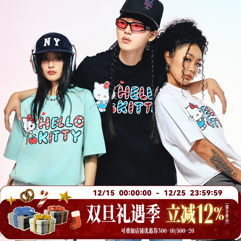 【HELLO KITTY官方联名】WHOOSIS 手绘kiss图案短袖T恤情侣青春男