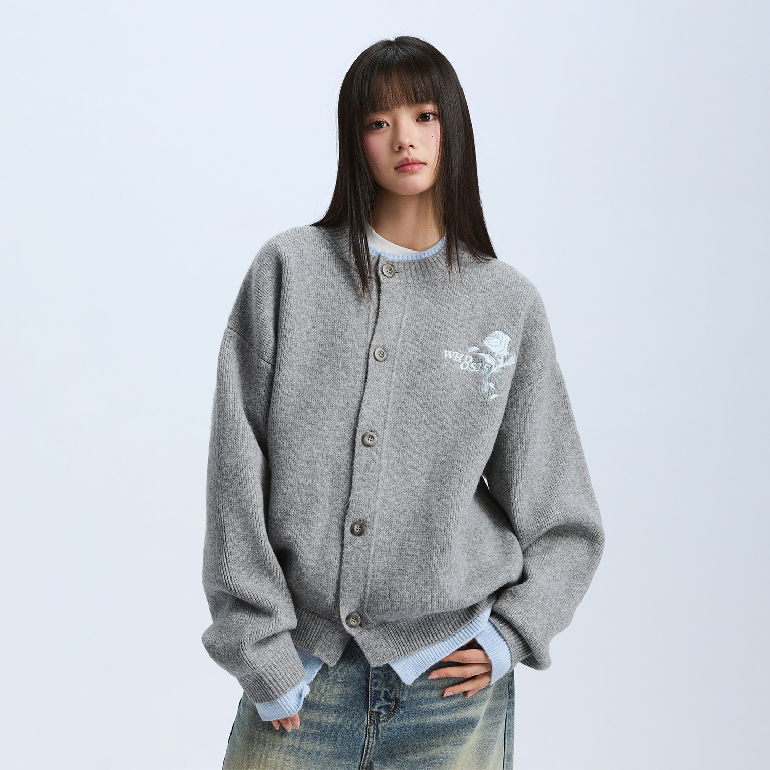 WHOOSIS（不知其名）几何玫瑰刺绣假两件开衫毛衣外套秋冬男女潮图片