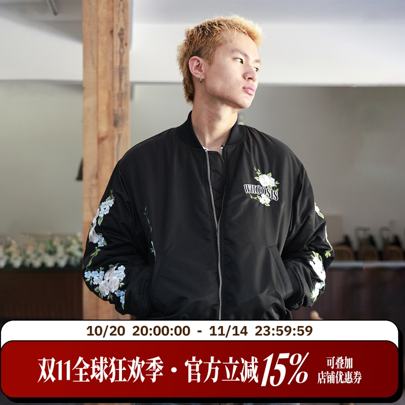 WHOOSIS(不知其名)花卉刺绣夹棉MA1飞行员夹克外套秋冬男女情侣