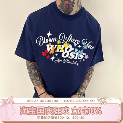 WHOOSIS（不知其名）彩虹花卉刺绣短袖t恤美式夏男女校园情侣百搭