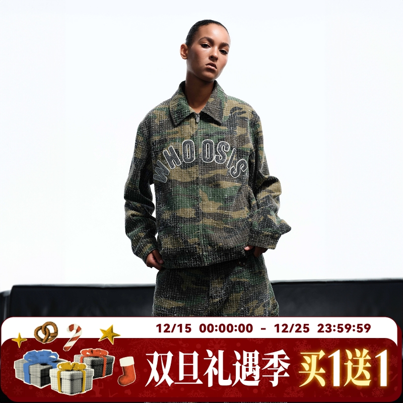 WHOOSIS（不知其名）绿色勾破迷彩贴布钻石夹克外套秋季酷飒男女