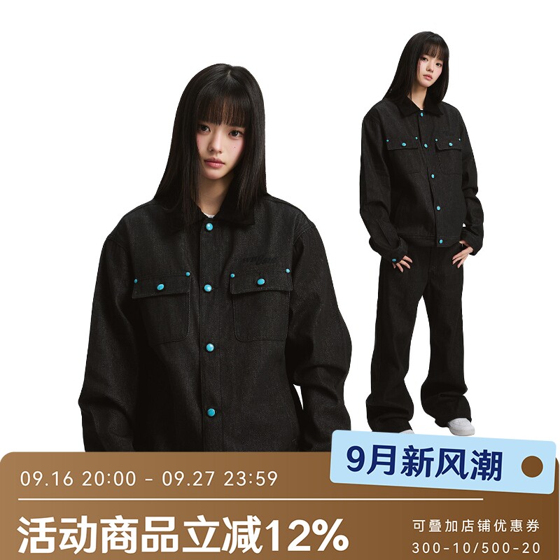 WHOOSIS（不知其名）logo贴布绿松石原色黑色牛仔外套秋冬美式男										
