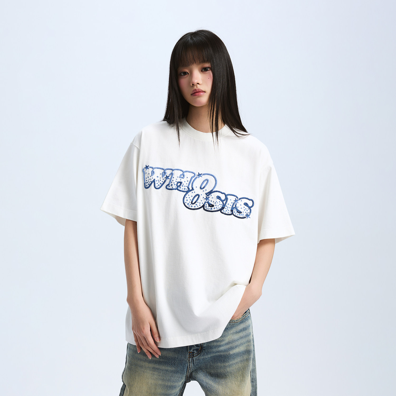 WHOOSIS（不知其名）渐变星星刺绣短袖T恤春夏百搭简约校园男女潮图片