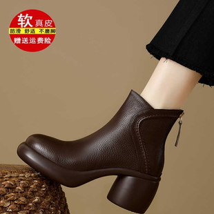品牌真皮法式踝靴粗跟马丁靴女款2025秋冬新款英伦风复古高跟短靴