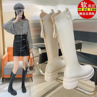 品牌真皮白色长筒靴女2025冬新款百搭不过膝骑士靴厚底增高长靴子