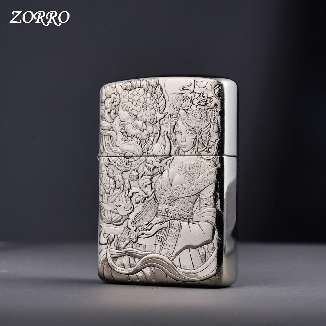 zippo佐罗同款煤油打火机双面浮雕唐狮艺伎