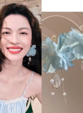 钟楚曦同款旅游度假蓝色花朵流苏耳环耳饰耳钉耳夹耳坠2025春夏新