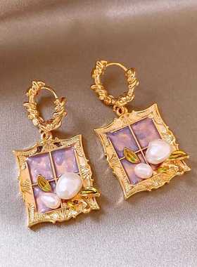 紫色油画风中古夸张天然淡水珍珠耳环女耳钉轻奢小众高级感耳饰品