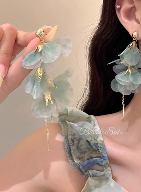 【清风向晚】早春森系花朵耳钉绿色花瓣流苏耳环高级感度假风耳饰