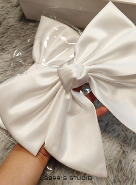 8899 白色缎面顶夹大蝴蝶结头饰带发夹简约日韩新娘婚纱少女发饰