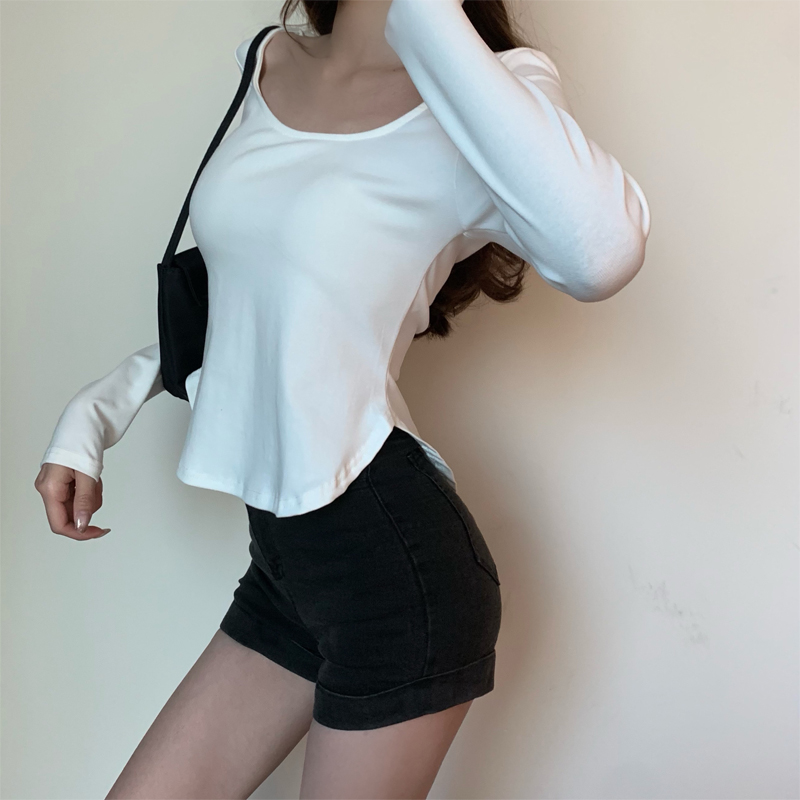 韩系2025秋装设计感性感u领长袖不规则T恤女白色打底衫内搭上衣潮