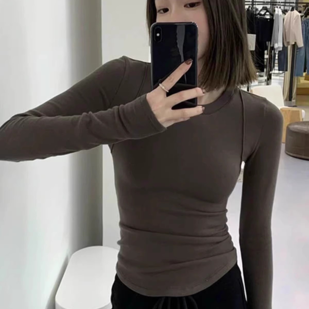 设计感鱼骨线长袖T恤女