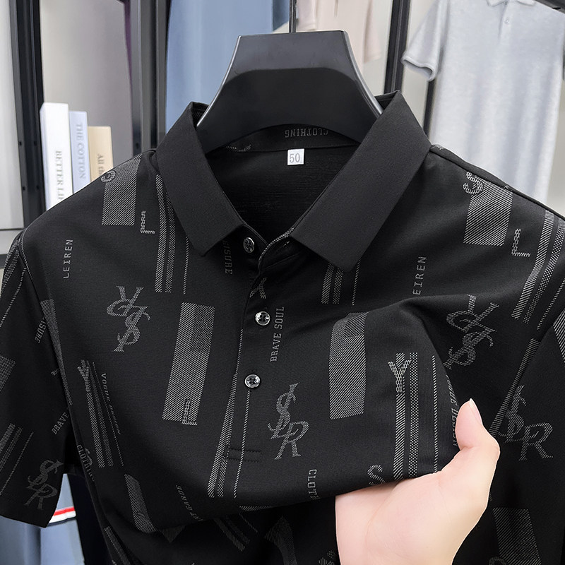 翻领Polo衫男短袖t恤爸爸装时尚休闲夏季薄款潮流印花冰丝半袖T恤