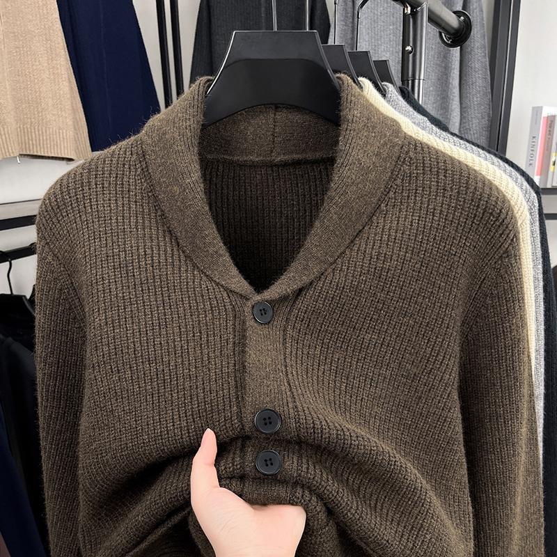 秋冬季加厚毛衣青果领开衫外套男士2025新款有口袋休闲羊毛针织衫