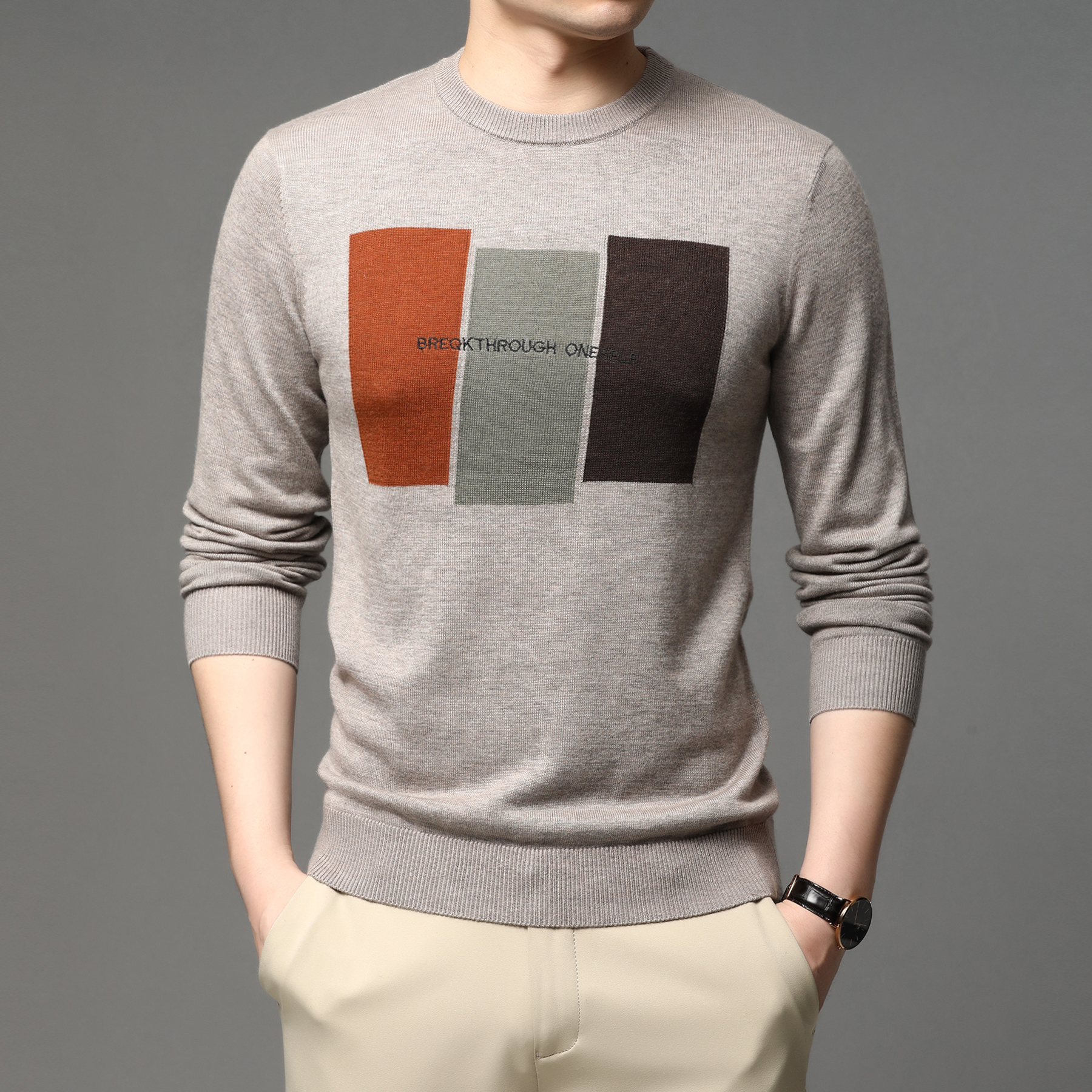 羊毛衫薄款圆领毛衣男士春秋季中青年潮流韩版休闲内搭针织打底衫