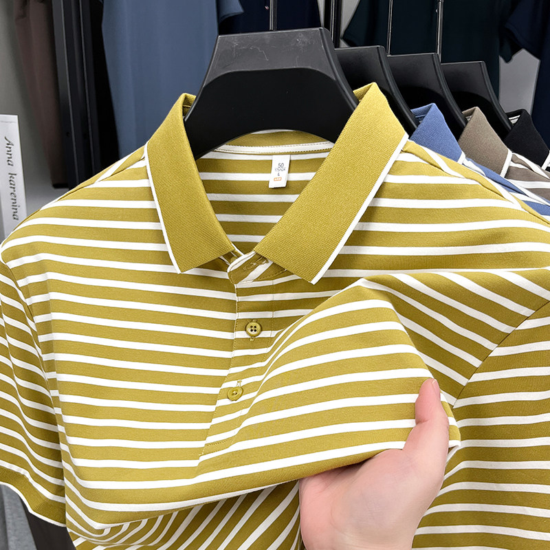 男士条纹短袖t恤中青年爸爸装翻领丝光棉POLO衫夏季新款上衣服男