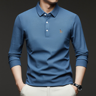 男士 长袖 高档刺绣翻领Polo衫 春秋季 t恤纯色休闲宽松打底衫 爸爸装