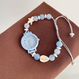 小清新蓝色串珠手表少女学生小众简约高颜值森系手链表复古小表盘